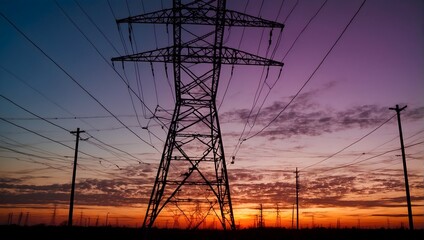 Fototapeta premium A high-voltage power tower's silhouette etched into the colorful canvas of the evening sky Generative AI