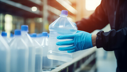 A person in a blue lab coat is holding a clear plastic container
