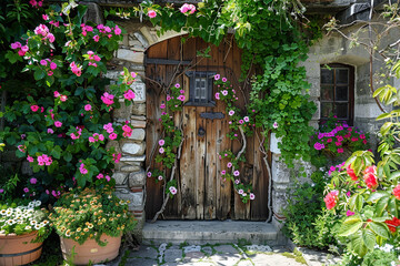 Fototapeta na wymiar A charming cottage gate enveloped in climbing vines and blooming flowers.