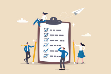 Checklist to complete project task, accomplish work checkmark, todo list clipboard or project status report, plan to finish work concept, business people holding pencil complete task checkbox. - obrazy, fototapety, plakaty