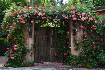 Fototapeta na wymiar A charming cottage-style gate enveloped by climbing roses and quaint lanterns.