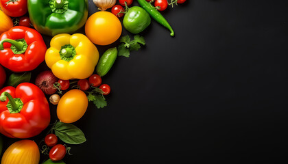 A black background with a variety of vegetables including peppers, tomatoes