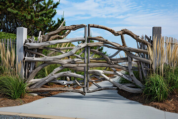 Fototapeta na wymiar A coastal-inspired gate adorned with driftwood accents and swaying beach grass.