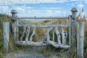 A coastal-inspired gate adorned with driftwood accents and swaying beach grass.