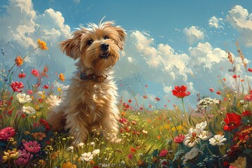 Dog amidst colorful flowers under a blue sky with clouds. Generated AI. - 766913812