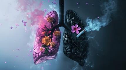Artistic representation of healthy and unhealthy lungs with flowers and smoke. Generated AI. - 766914004