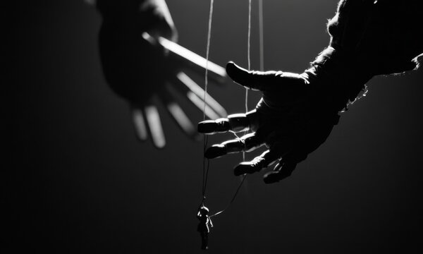 A single hand emerges from the darkness, its fingers elegantly manipulated by thin strings against a black background, suggesting a delicate dance of control and freedom. The image portrays a nuanced
