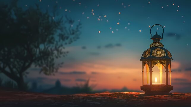 A serene AI image featuring a minimalist depiction of a traditional lantern, with the words "Ramadan Mubarak" elegantly integrated into the design against a calm night sky.