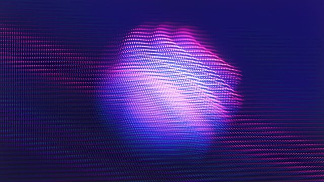3D pixelated sphere with moving waving surface on blue background. Abstract concept of big data, artificial intelligence (AI) or soundwaves. Looped 4K animation of digital sound waves equalizer