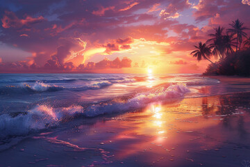 A colorful sunset over a tropical beach with palm trees and waves.