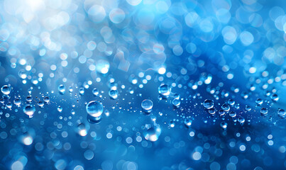 Close-up of refreshing water drops on a blue background
