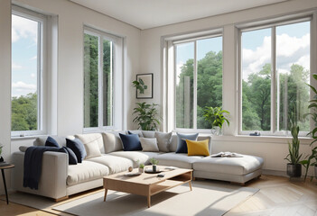 Illustration of modern nordic livingroom with big window colorful background - obrazy, fototapety, plakaty