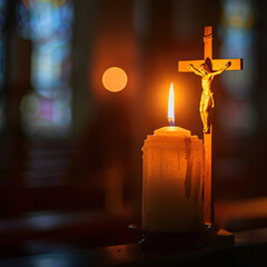 A candle is lit in front of a cross