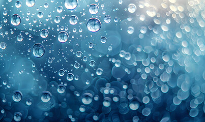 Close-up of refreshing water drops on a blue background - obrazy, fototapety, plakaty
