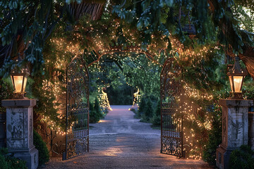 A fairy tale-inspired gate flanked by enchanted topiaries and twinkling fairy lights.