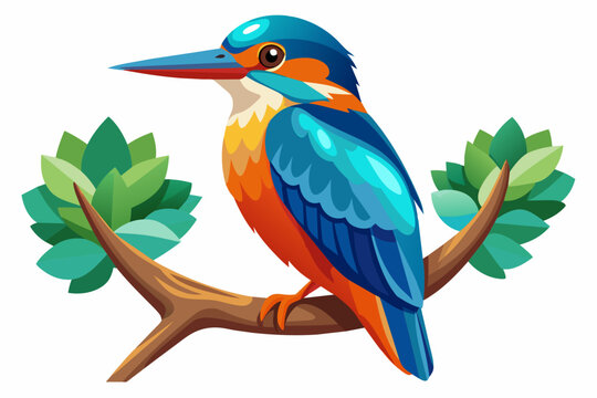 colorful kingfisher sits on tree, white background