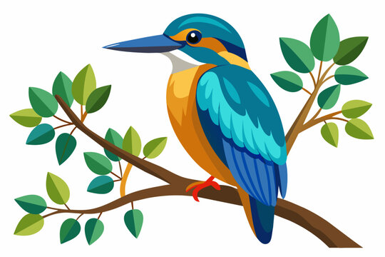 colorful kingfisher sits on tree, white background