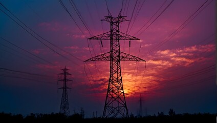 Fototapeta premium A high-voltage power tower's silhouette etched into the colorful canvas of the evening sky Generative AI