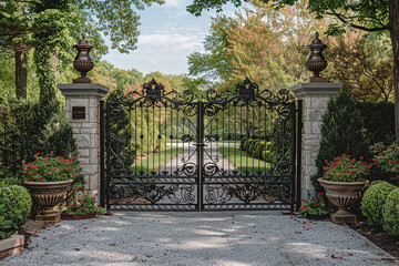 A grand double gate crafted from aged bronze, welcoming guests with timeless elegance.