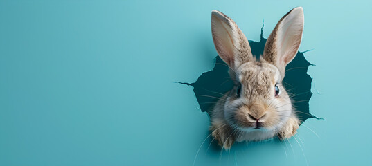 Fluffy eared bunny peeking out of a hole in a blue wall, with an Easter bunny banner torn and rabbit jumping out. Suitable for Easter decorations. - obrazy, fototapety, plakaty