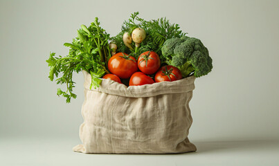 Close up eco-bags made from recyclable packaging for storing vegetables and fruits with herbs on a neutral background. Concept of ecological lifestyle, recycling. Cope space for text