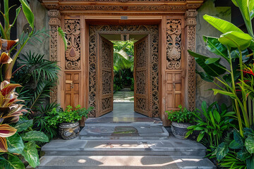 A grand entrance with intricately carved wooden doors and sprawling manicured gardens.