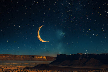 Obraz na płótnie Canvas A night sky full of stars and a crescent moon over a desert landscape.