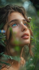 Close-up of a young woman with blue eyes amidst greenery. Generated AI. - 766915043