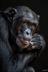 Pensive chimpanzee, hand on chin, dark background.  Wildlife conservation, educational material. AI Generated.