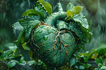 Fantasy heart-shaped fruit with roots in the rain, Generated AI.