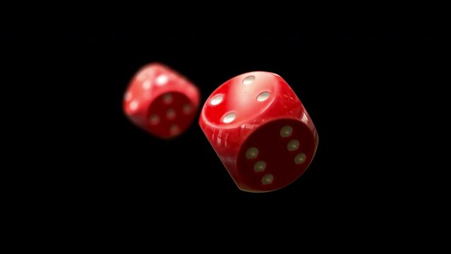 Dice. Seamless looping animation of two spinning red glossy plastic casino dice on a transparent background.