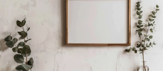 Wooden frame mockup on a white wall, featuring space for displaying artwork, photos, or prints in a minimalist interior adorned with a eucalyptus twig.