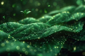 Digital green leaves with glowing network connections. Technology, digital art, environmental design. AI Generated.