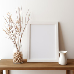 Dried branches in a glass vase a white frame and a ceramic jug on a wooden table against a white wall