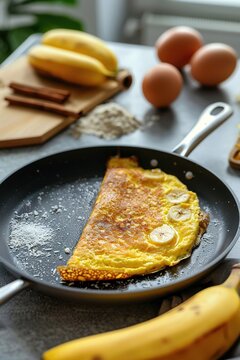 Banana omelette in a pan with ingredients in the background, Generated AI.