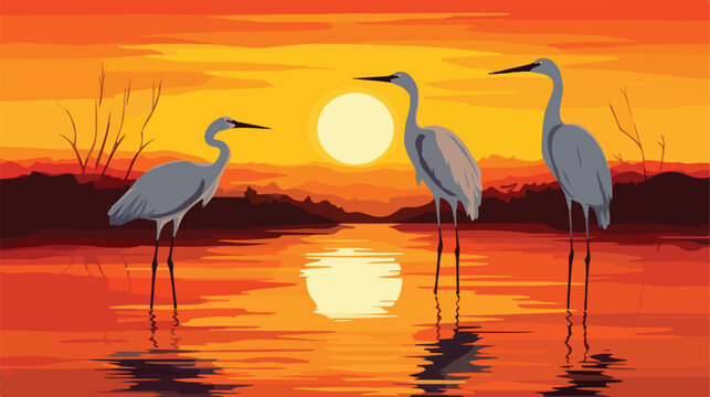 Three large white birds against the setting sun. 
