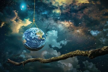 Planet Earth hanging from a tree branch against a cosmic backdrop, Generated AI. - 766915850