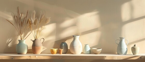 minimalist pastel still life showcasing a collection of pottery in muted colors on a light wooden table