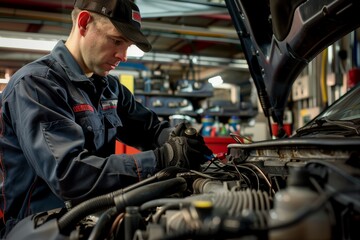 Fototapeta na wymiar A mechanic thoroughly inspecting and working on a car engine in a garage setting
