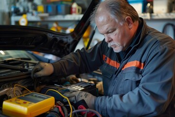 A mechanic is seen working diligently on an engine inside a garage, conducting a thorough inspection under the hood