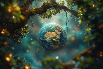 Surreal image of Earth cradled by tree branches, Generated AI. - 766916021