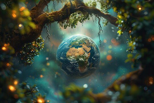Surreal image of Earth cradled by tree branches, Generated AI.