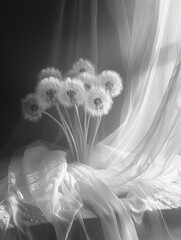 Black and white image of dandelions against draped fabric, Generated AI. - 766916203