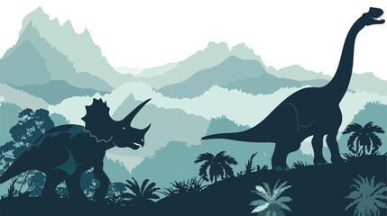 Fototapeta na wymiar Triceratops and Brachiosaurus silhouette in the hills