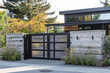 A modern industrial gate with weathered steel accents and urban-inspired design.