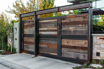 A modern industrial gate with weathered steel accents and urban-inspired design.