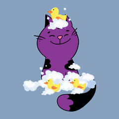 The Cute cat in a bubbles bath in a flat style. Grooming. Pet care illustration for content, label, banner, graphic and greeting card