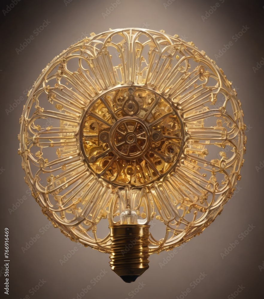 Poster an ornately designed lightbulb with a golden wheel mechanism shines with a vintage charm. this piece
