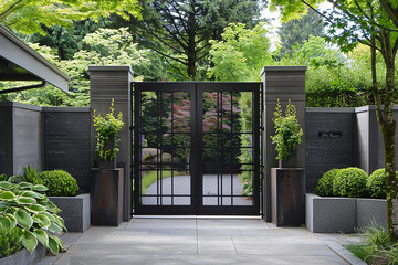 A modern minimalist gate flanked by striking architectural elements and sculptural plantings.