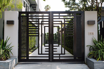 A modern minimalist gate framed by sleek lines and geometric patterns.